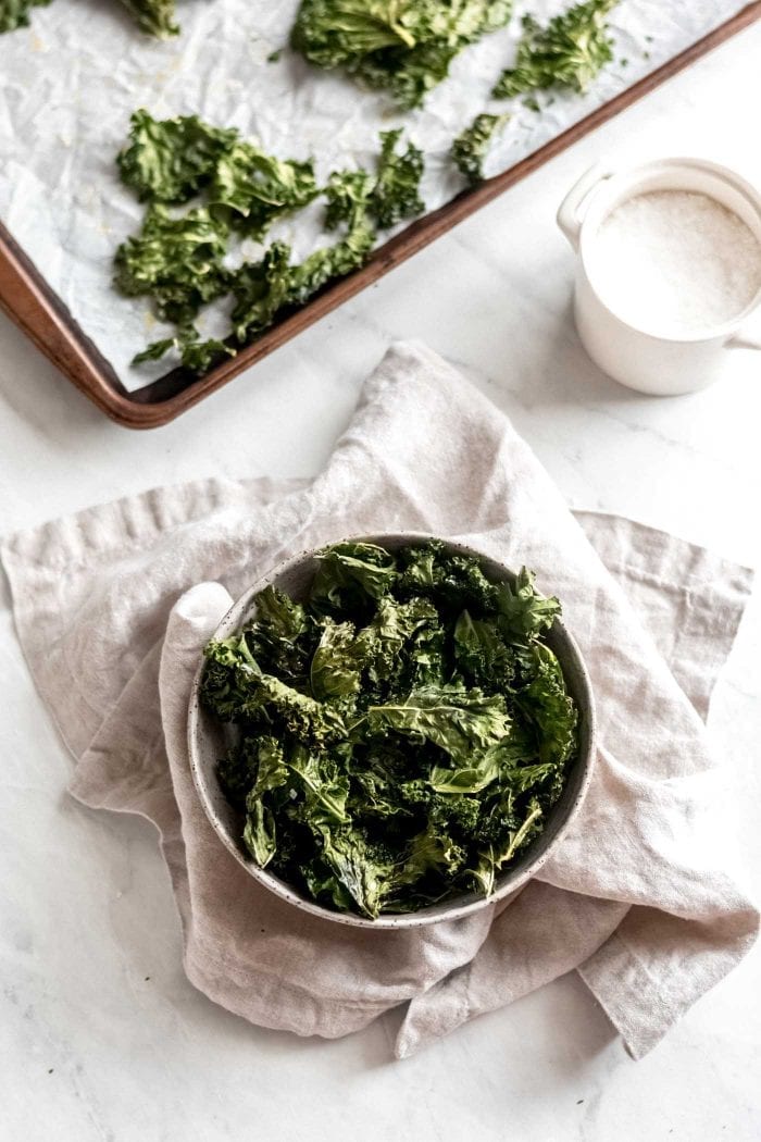 Bowl of homemade kale chips.