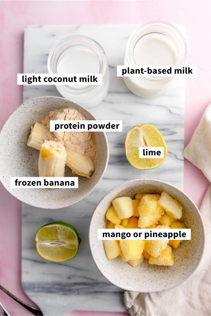 Ingredients for making a creamy coconut milk smoothie.