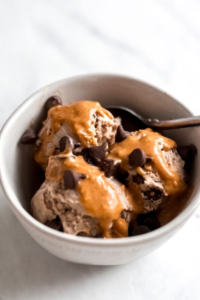 Bowl of peanut butter chocolate chip banana ice cream.