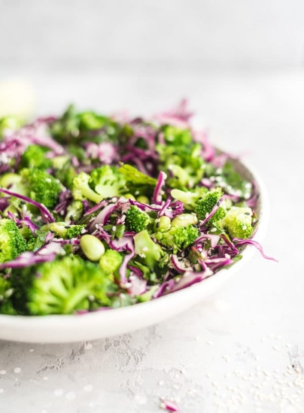 Broccoli Edamame Salad with Red Cabbage and Swiss Chard