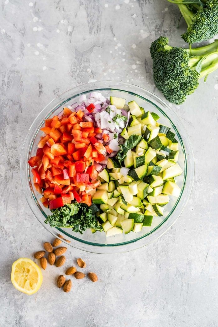 How to Make a Vegan Chickpea Salad with Red Onion, Red Pepper, Kale and Tahini Sauce