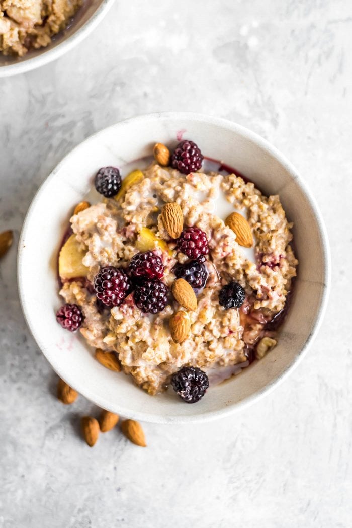 Baked steel cut oats topped with berries and almonds.