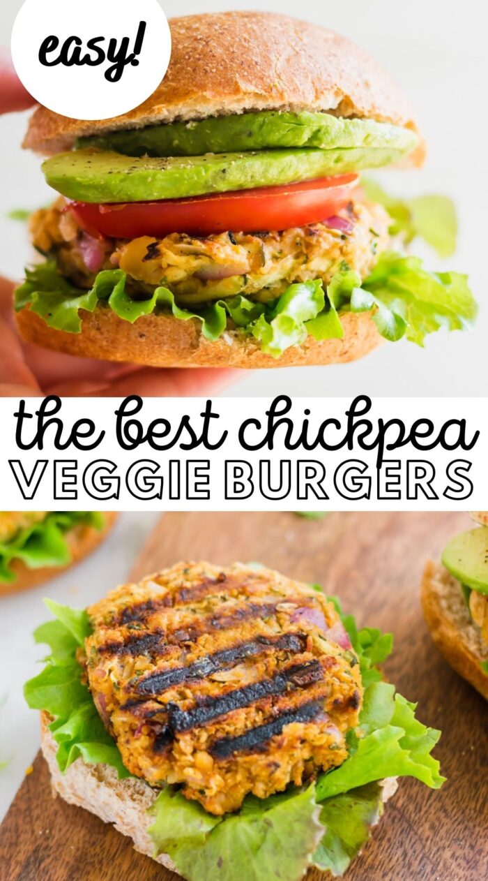 Pinterest graphic with an image and text for vegan veggie burgers.