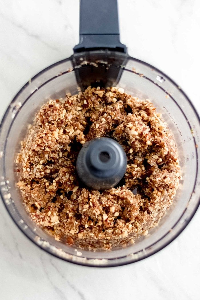Blended crust for no-bake cheesecake in a food processor. 