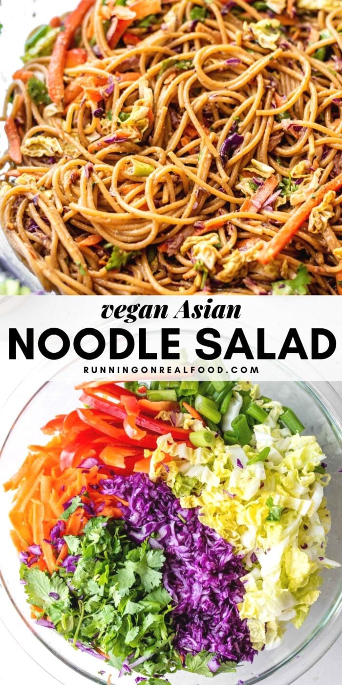 Pinterest graphic with an image and text for cold Asian noodle salad.