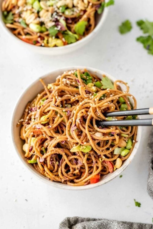 Cold Asian Noodle Salad with Peanut Dressing - Running on Real Food