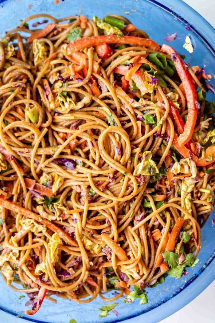 A peanut noodle salad with chopped vegetables in a large mixing bowl.