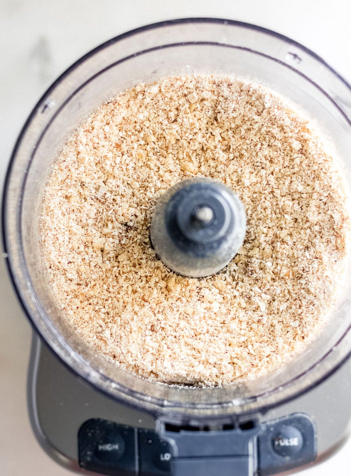 Blended, grainy flour in a food processor.