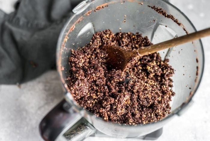 Blended mixture for no-bake chocolate cashew coconut balls.