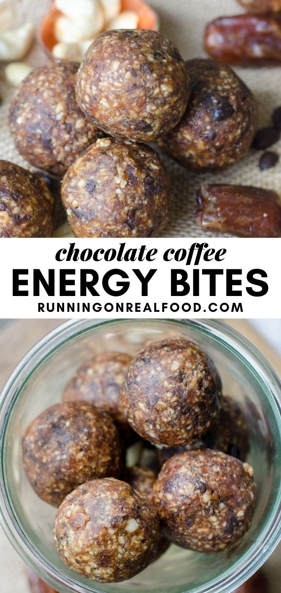 Pinterest graphic with an image and text for chocolate coffee balls.