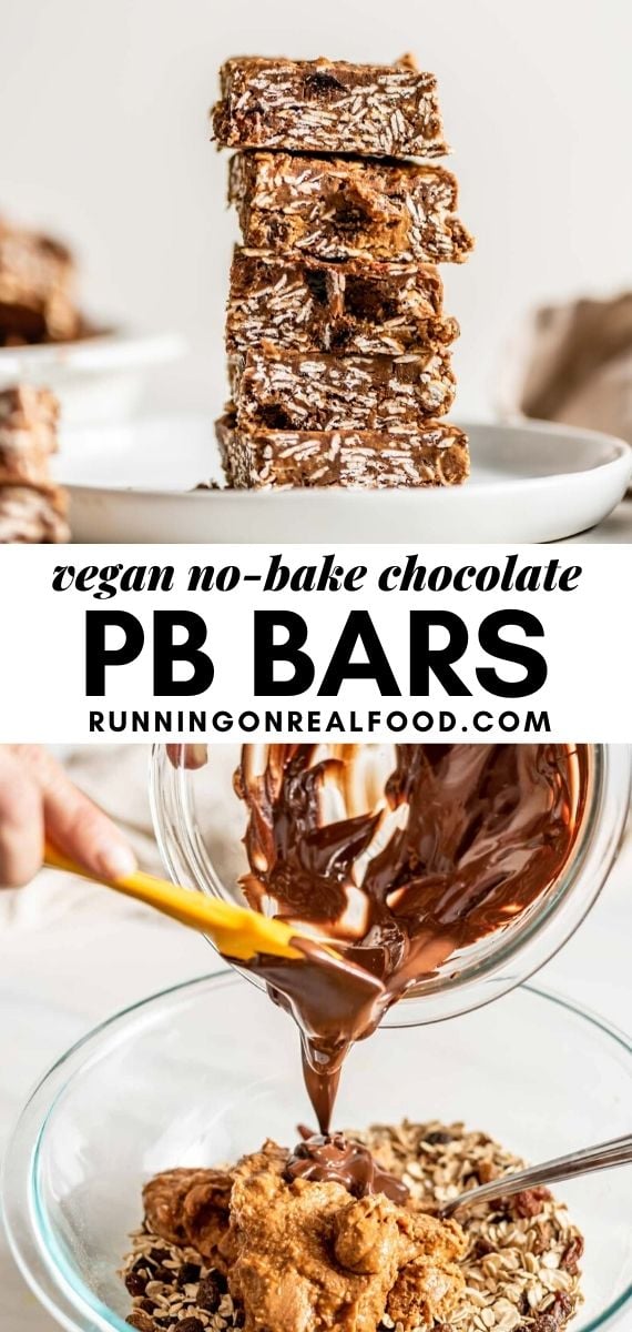 Pinterest graphic with an image and text for mini chocolate peanut butter oat bars.