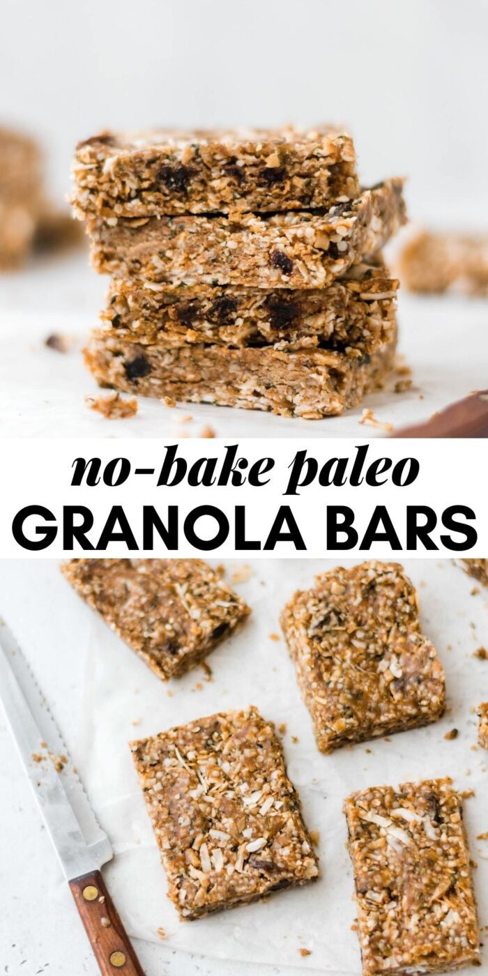 Pinterest graphic with an image and text for vegan paleo granola bars.