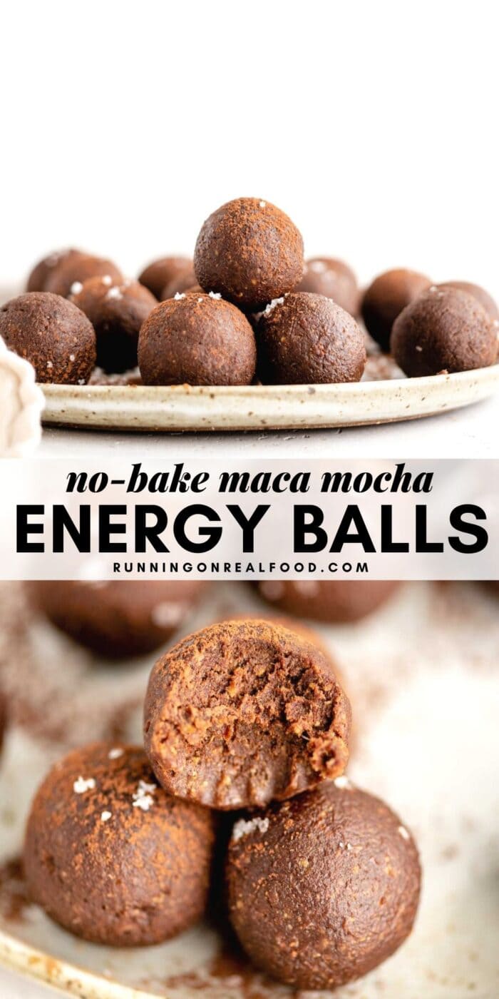 Pinterest graphic with an image and text for maca mocha energy balls.