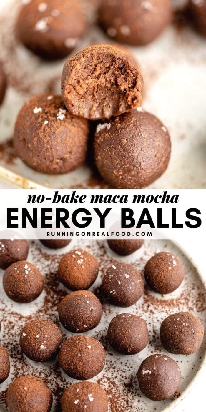 Pinterest graphic with an image and text for maca mocha energy balls.