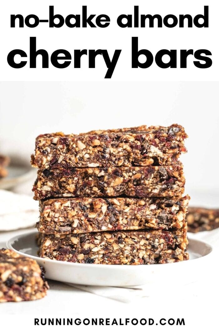 Pinterest graphic with an image and text for no-bake almond cherry pie bars.