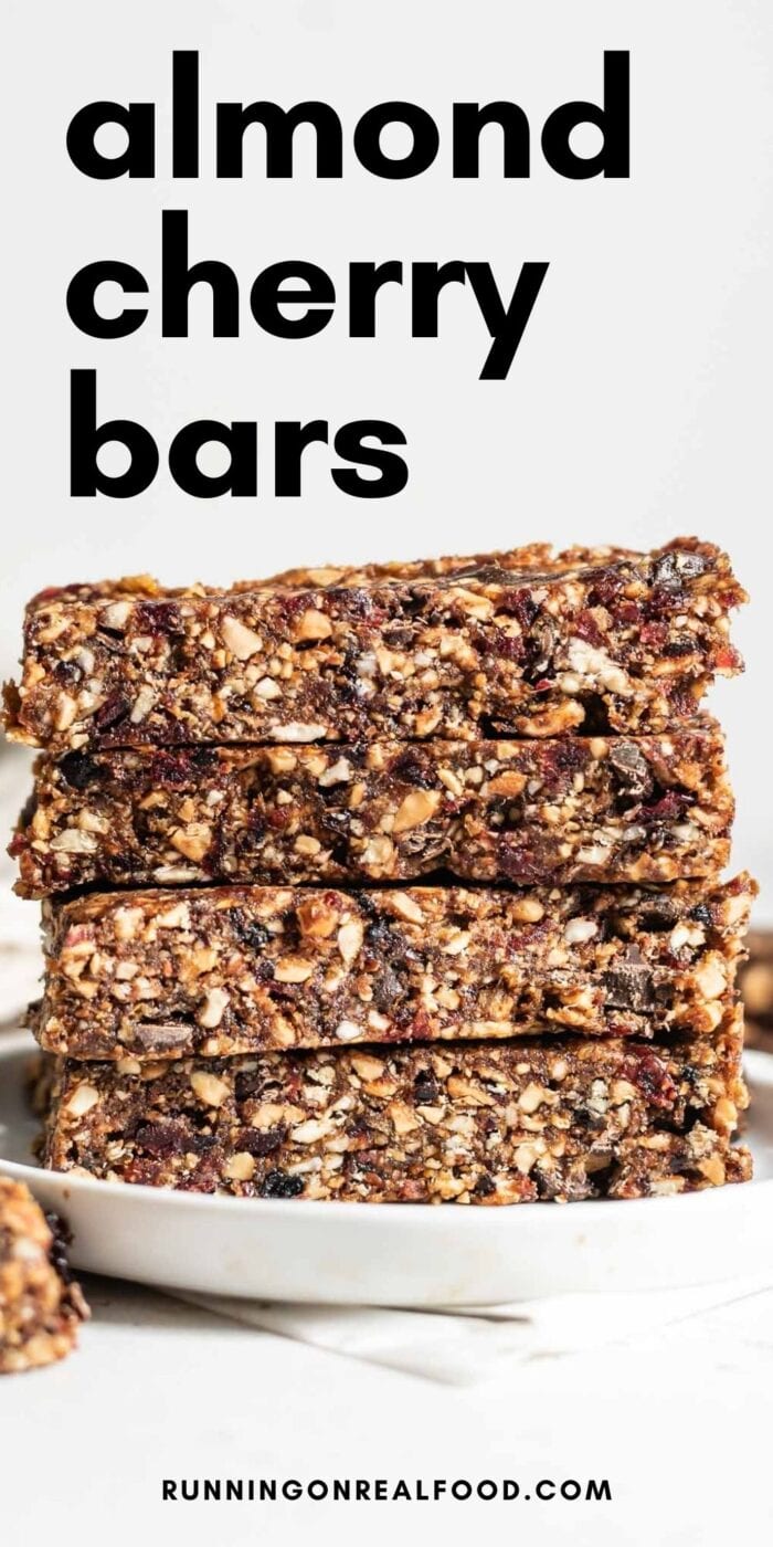 Pinterest graphic with an image and text for no-bake almond cherry pie bars.