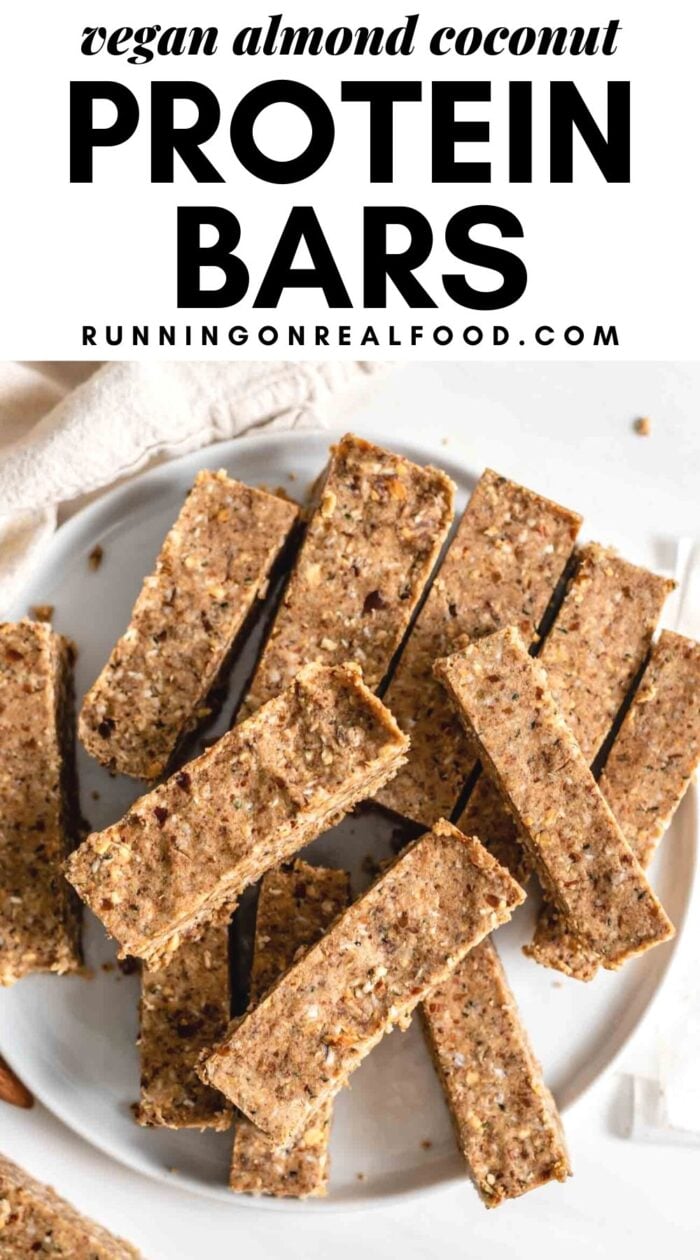 Pinterest graphic with an image and text for no-bake almond coconut protein bars.
