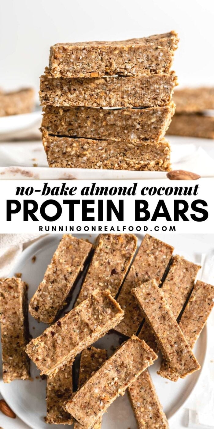 Pinterest graphic with an image and text for no-bake almond coconut protein bars.