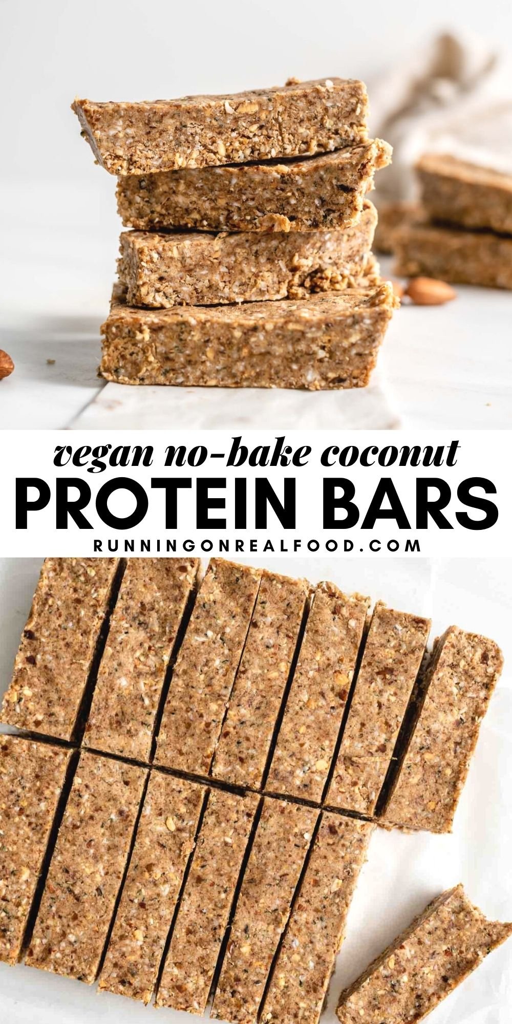 Pinterest graphic with an image and text for no-bake almond coconut protein bars.