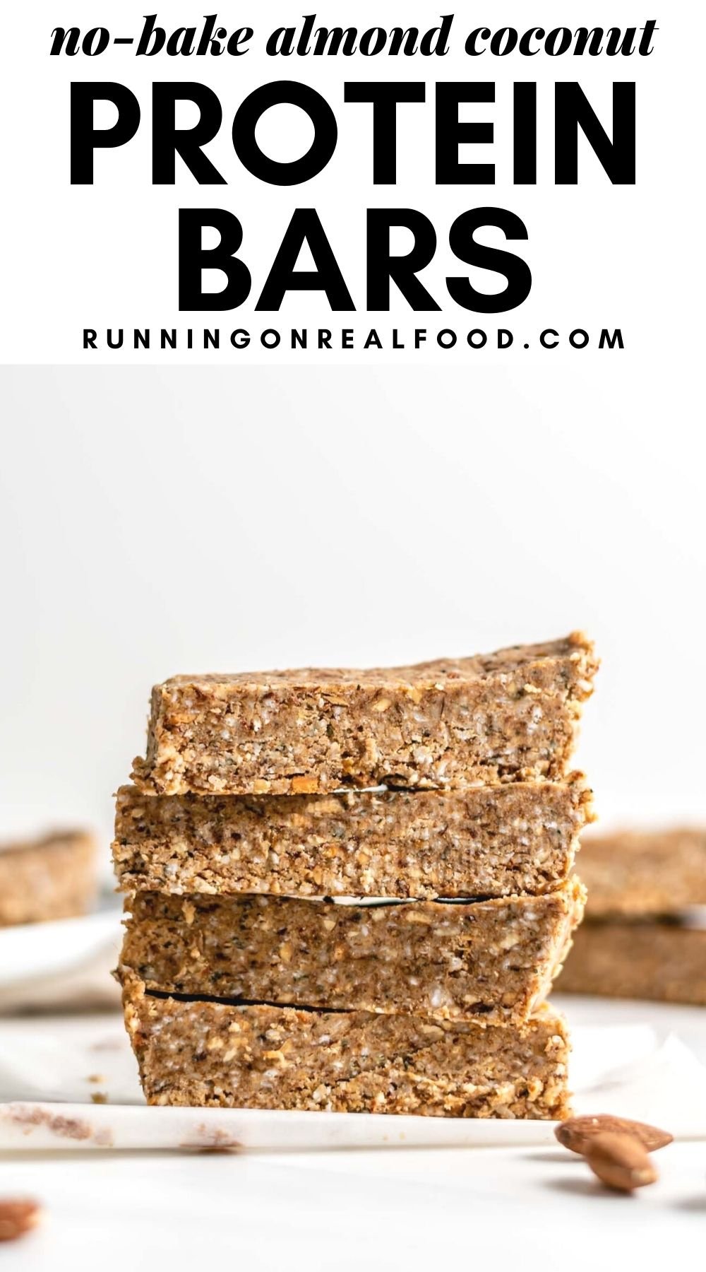 Pinterest graphic with an image and text for no-bake almond coconut protein bars.