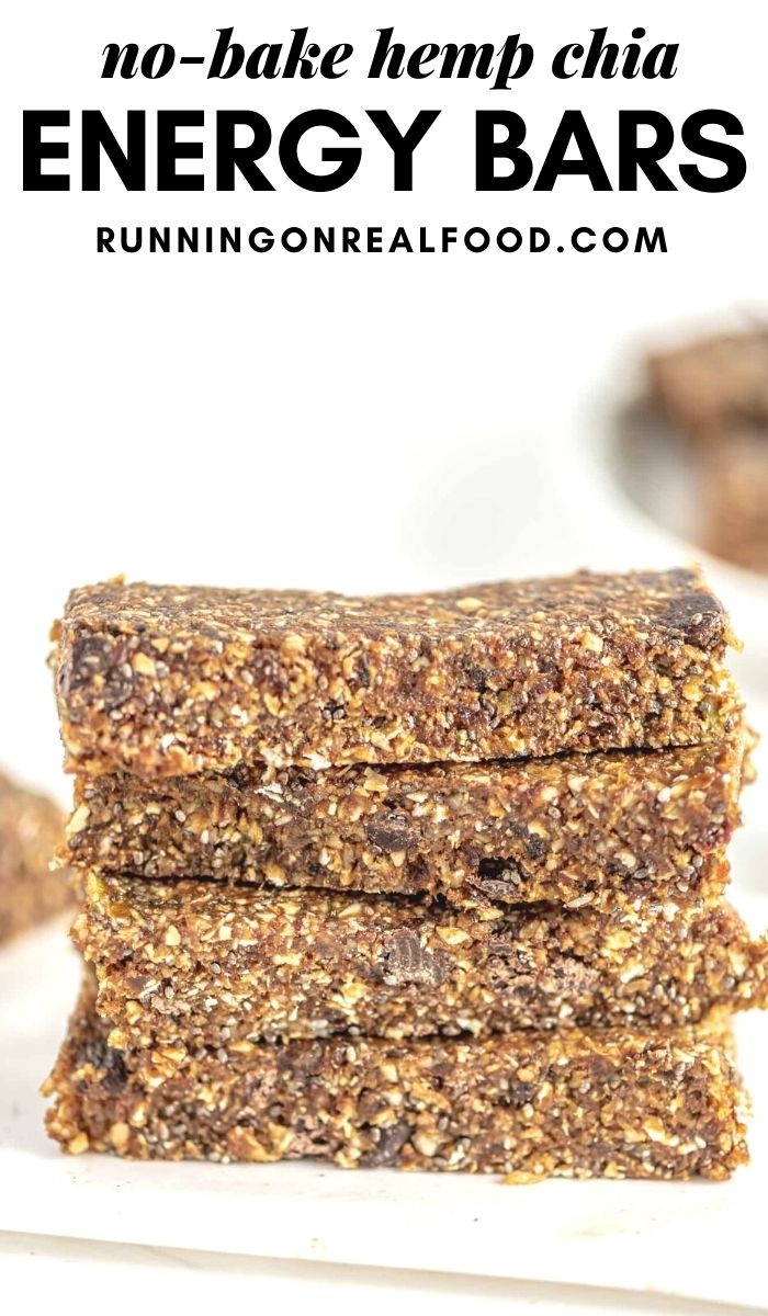 Pinterest graphic with an image and text for hemp and chia seed energy bars.