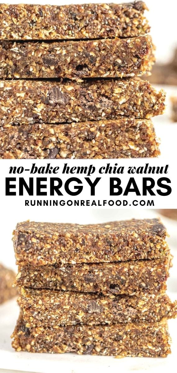 Pinterest graphic with an image and text for hemp and chia seed energy bars.