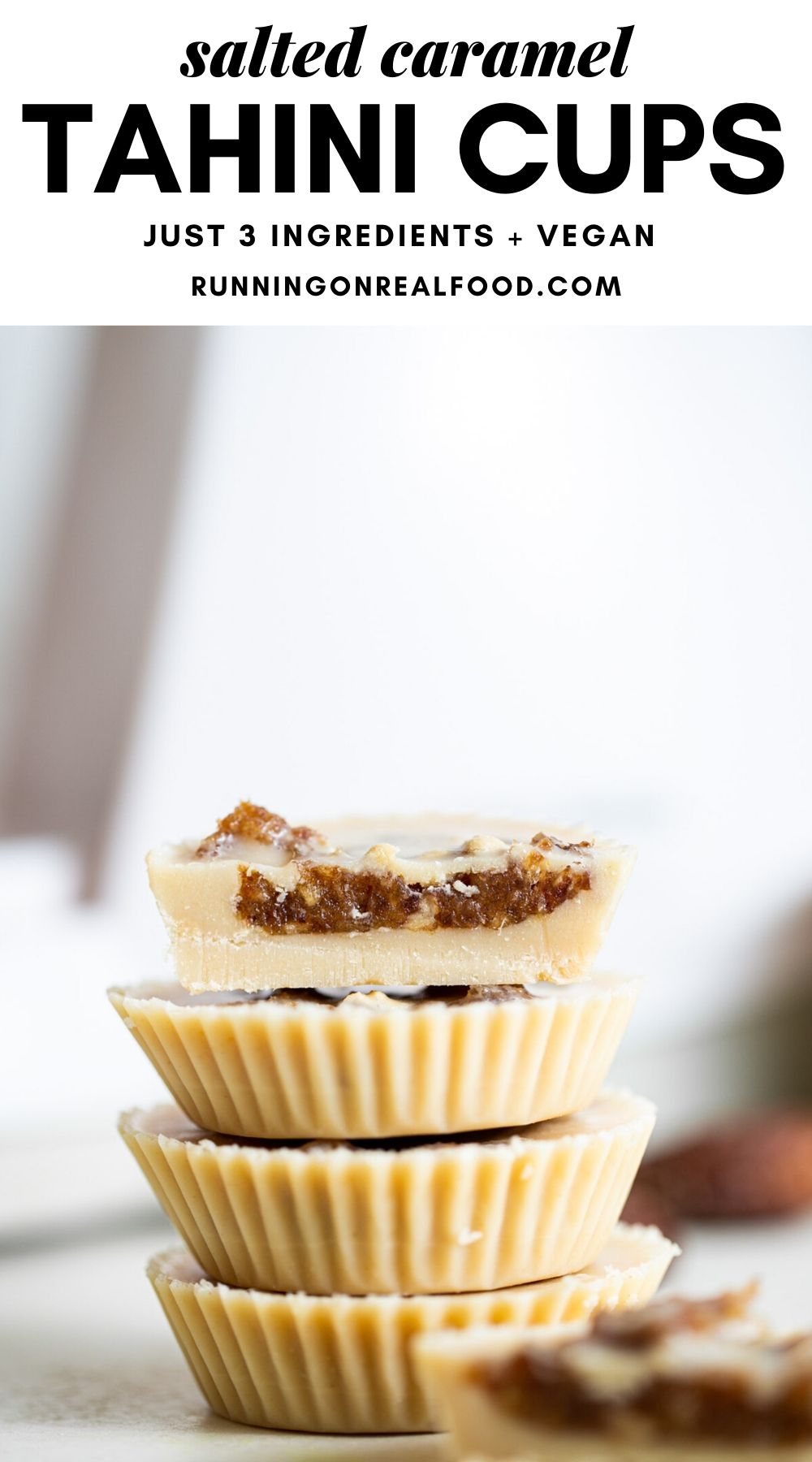 Pinterest graphic with an image and text for date tahini cups.