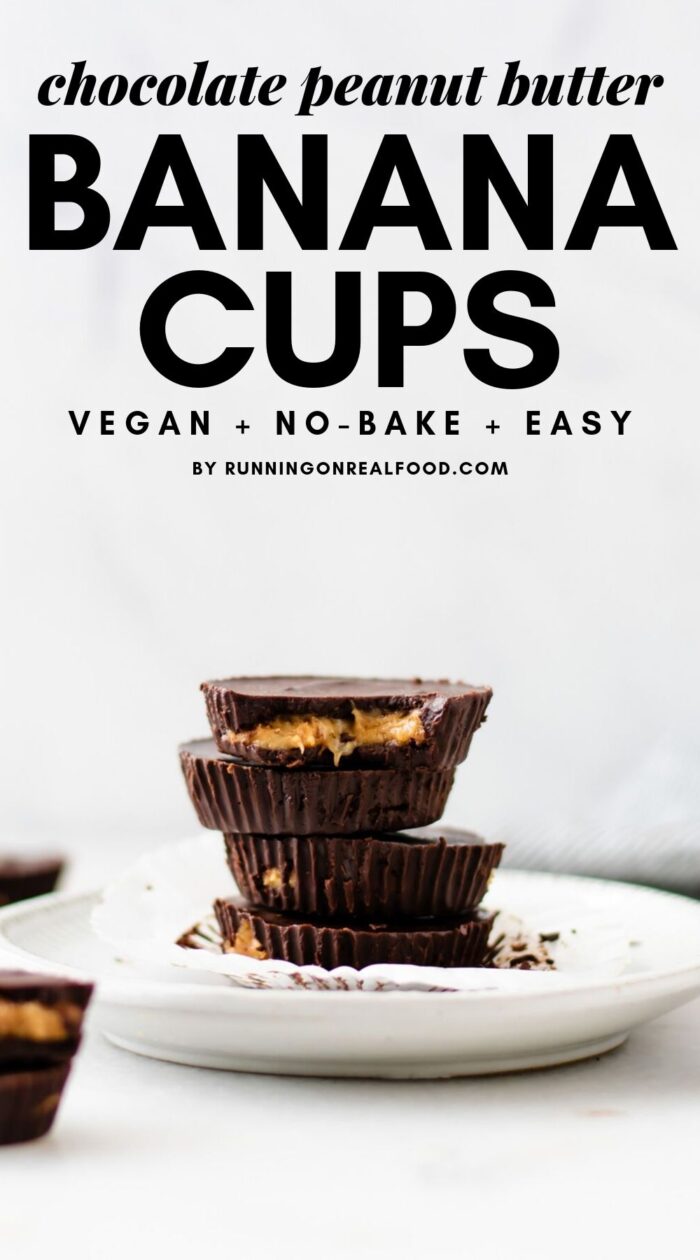 Pinterest graphic with text overlay and image of chocolate peanut butter banana cups.