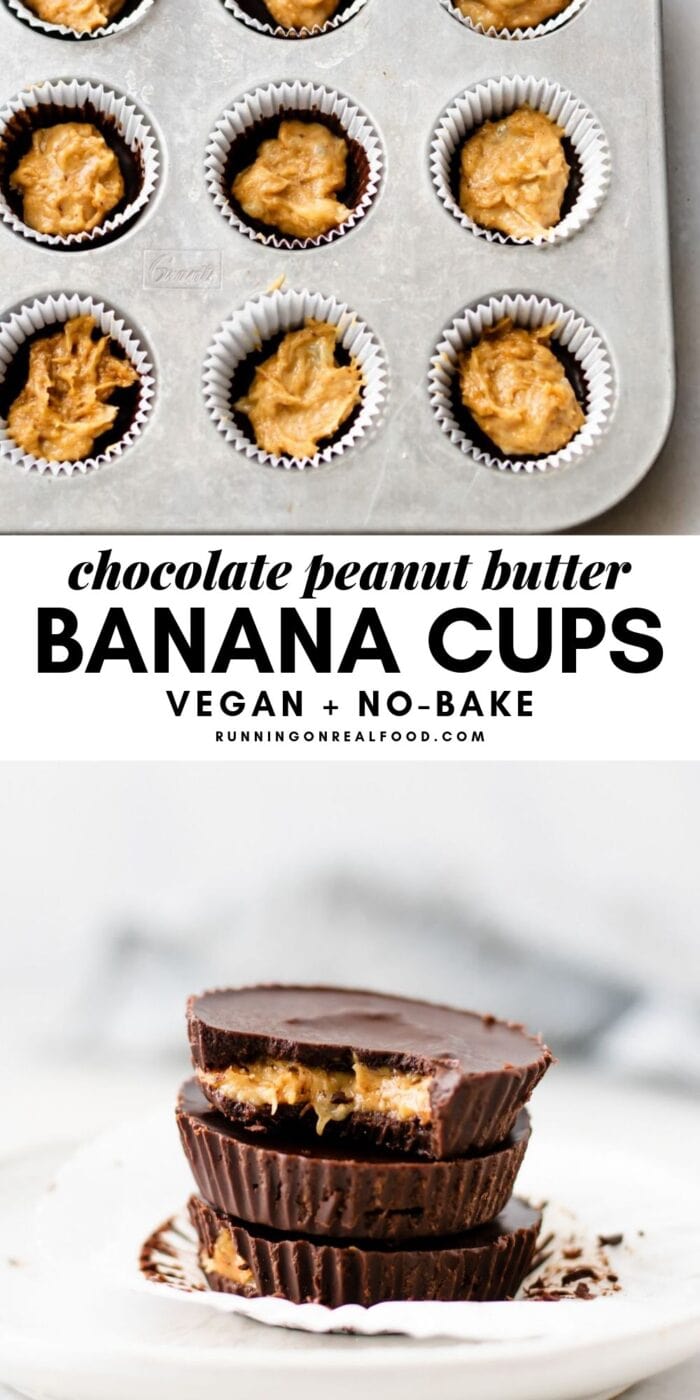 Pinterest graphic with text overlay and image of chocolate peanut butter banana cups.