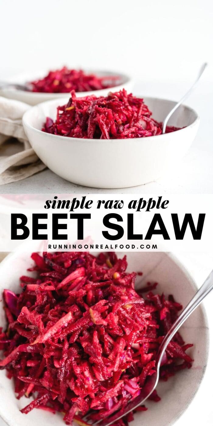 Pinterest graphic with an image and text for raw beet apple slaw.