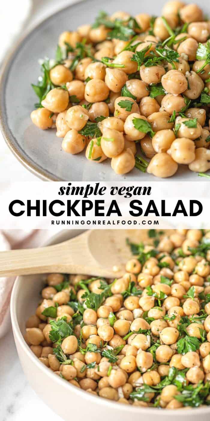 Pinterest graphic with an image and text for a simple chickpea salad with lemon and garlic.