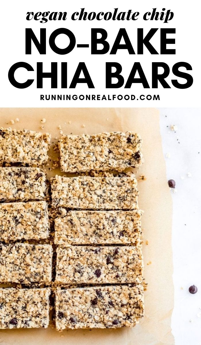Pinterest graphic with an image and text for chocolate chip chia seed bars.