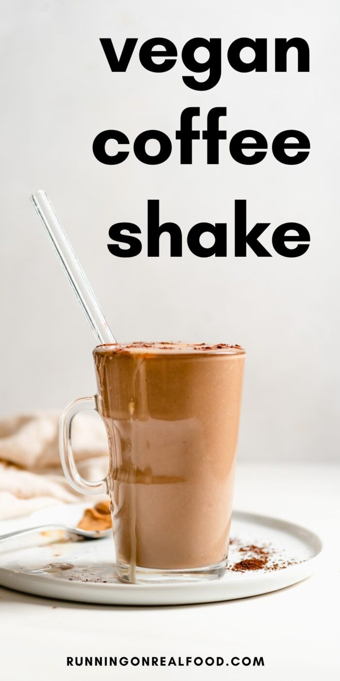 Pinterest graphic with an image and text for vegan coffee smoothie.
