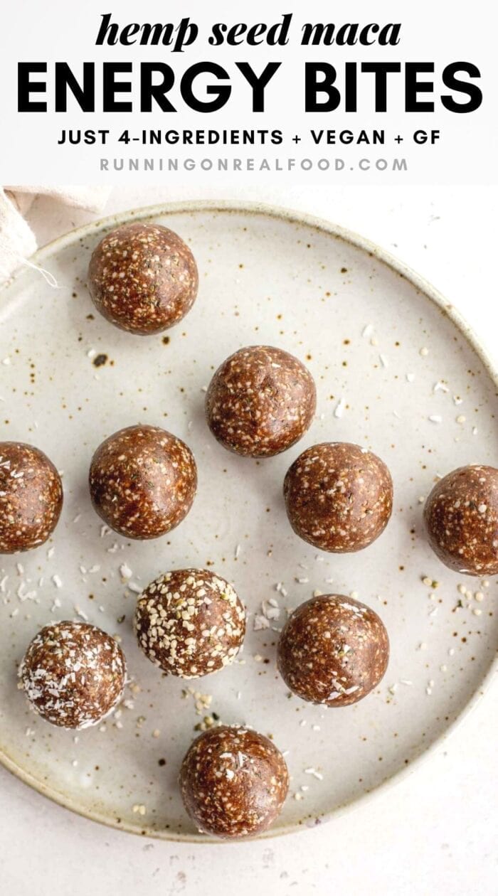 Pinterest graphic with an image and text for no-bake hemp seed maca balls.