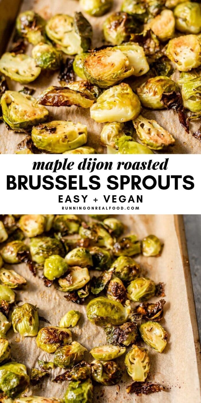 Pinterest graphic with image of roasted brussel sprouts and text overlay.