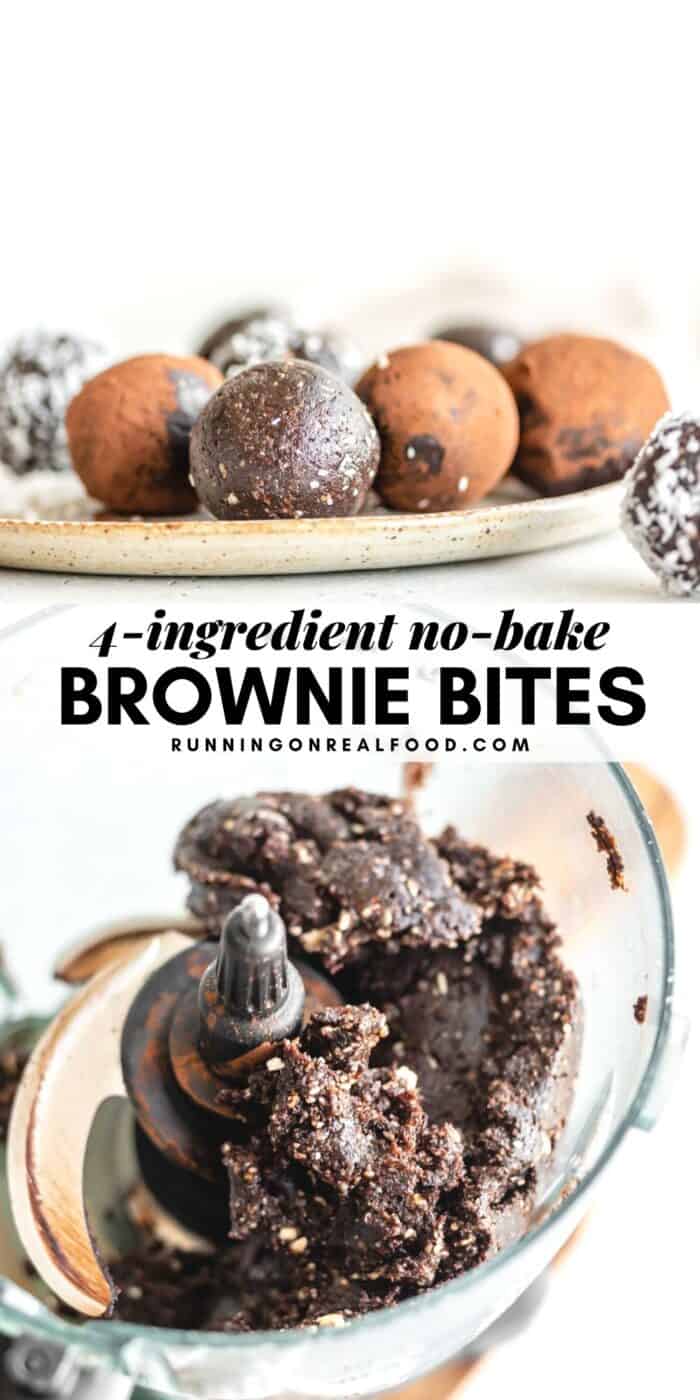 Pinterest graphic with an image and text for no-bake vegan brownie bites.