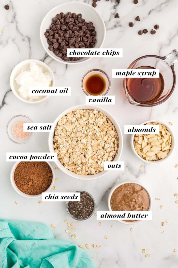 Visual of all ingredients needed for making a homemade chocolate granola recipe. Ingredients are labelled with text overlay.