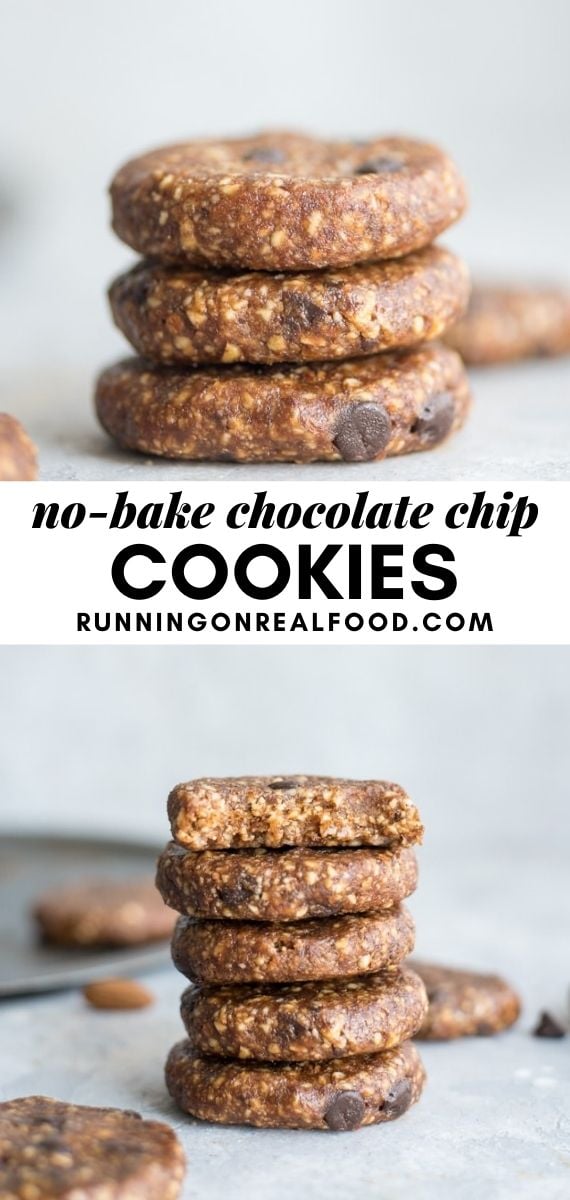 Pinterest graphic with an image and text for no-bake chocolate chip cookies.