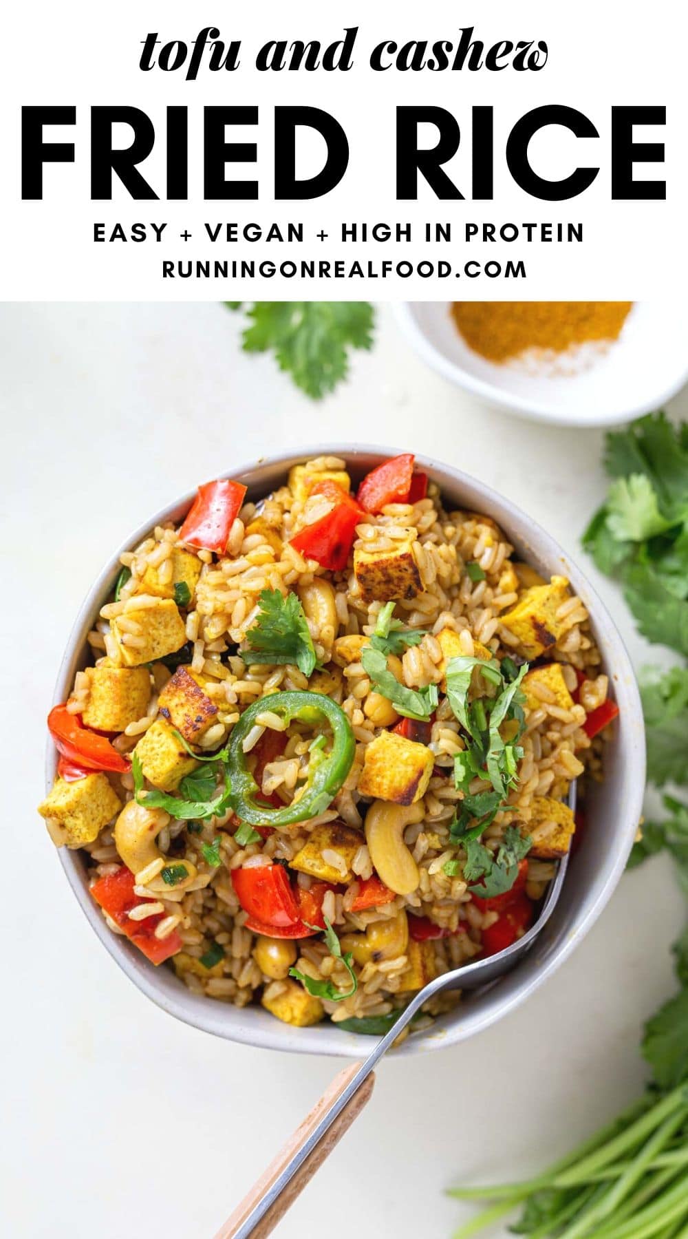 Pinterest graphic with an image and text for tofu cashew fried rice.