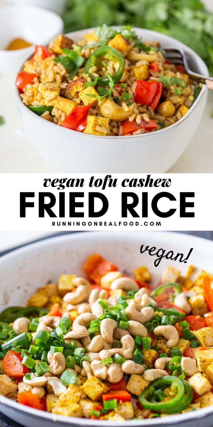 Pinterest graphic with an image and text for tofu cashew fried rice.