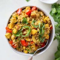 Cashew fried rice with tofu and veggies in a bowl with a fork.