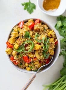 Cashew fried rice with tofu and veggies in a bowl with a fork.