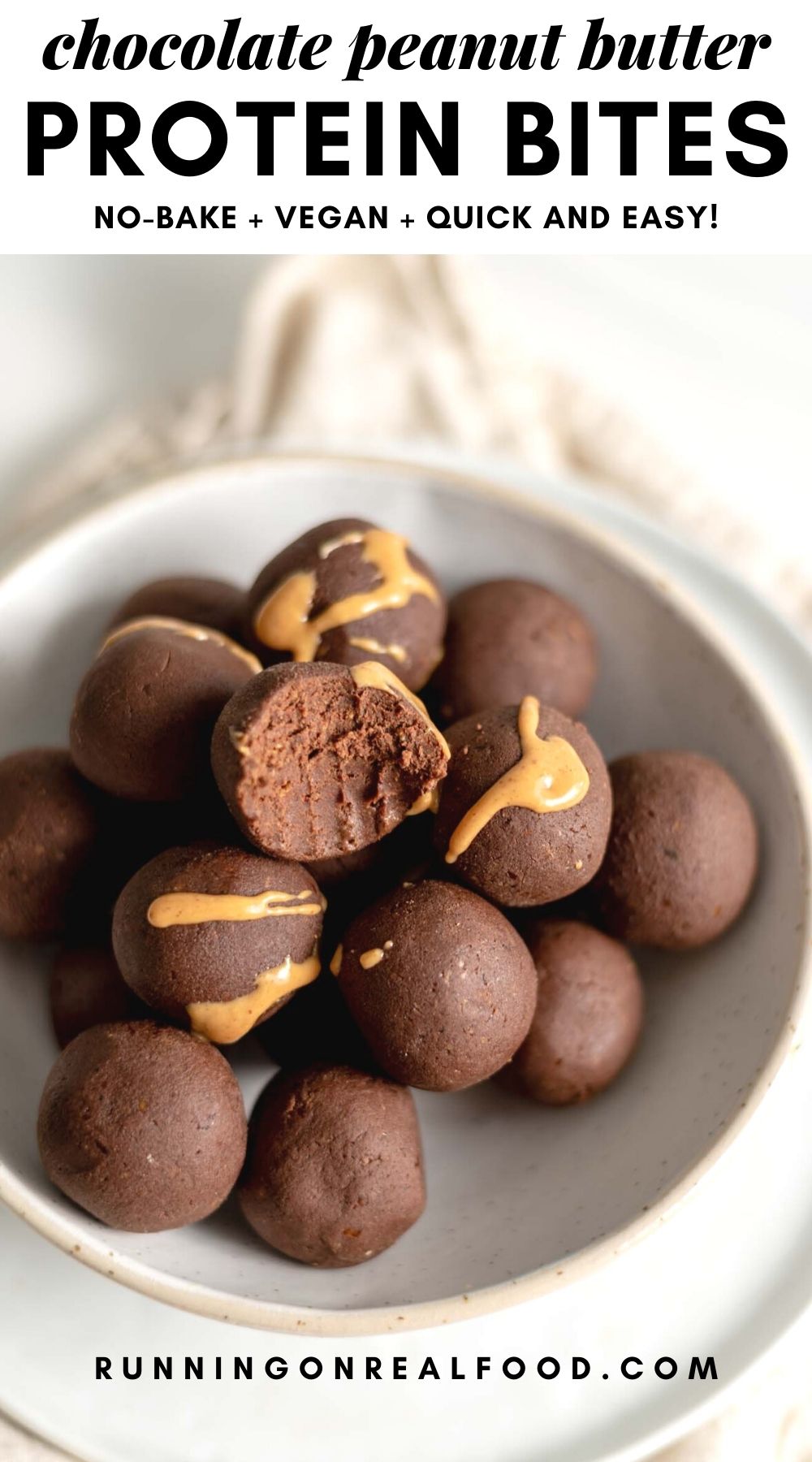 Pinterest graphic with an image and text for chocolate peanut butter protein balls.