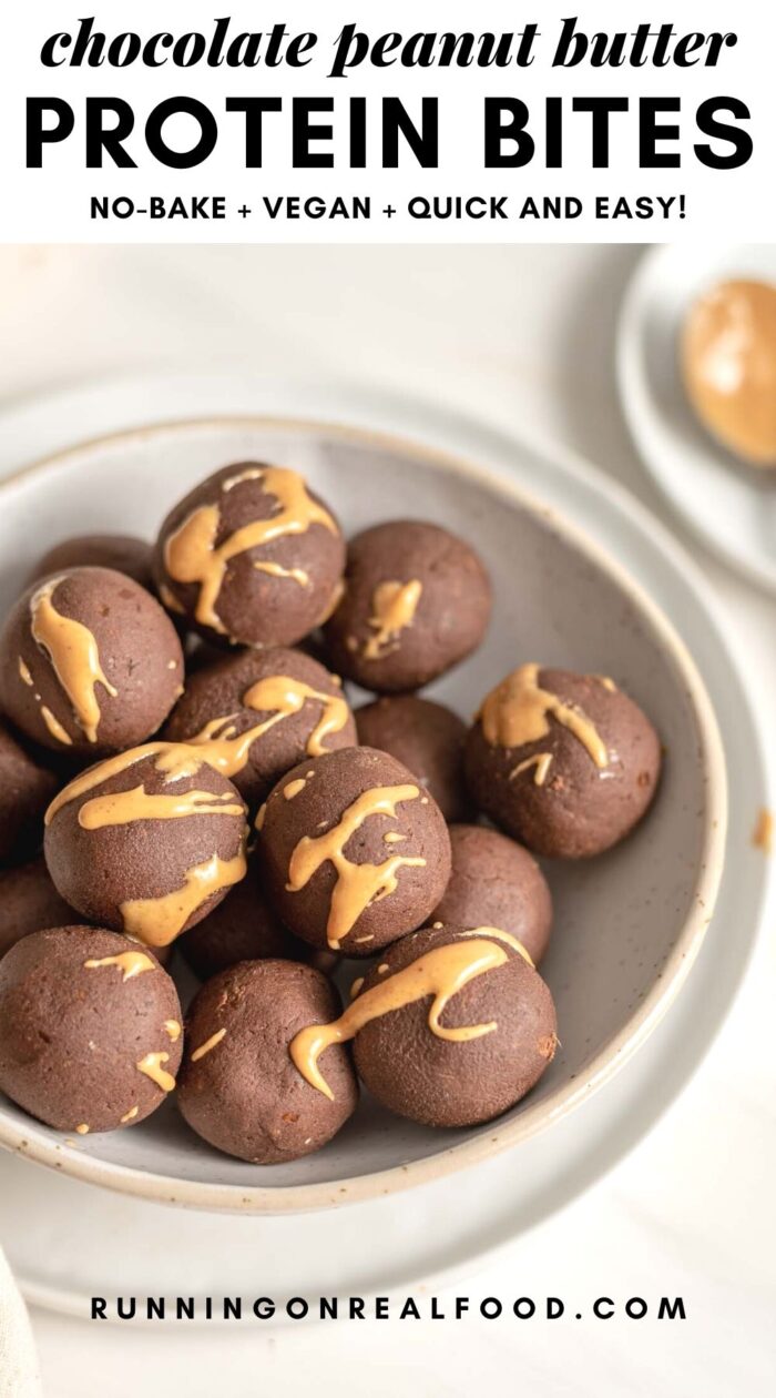 Pinterest graphic with an image and text for chocolate peanut butter protein balls.