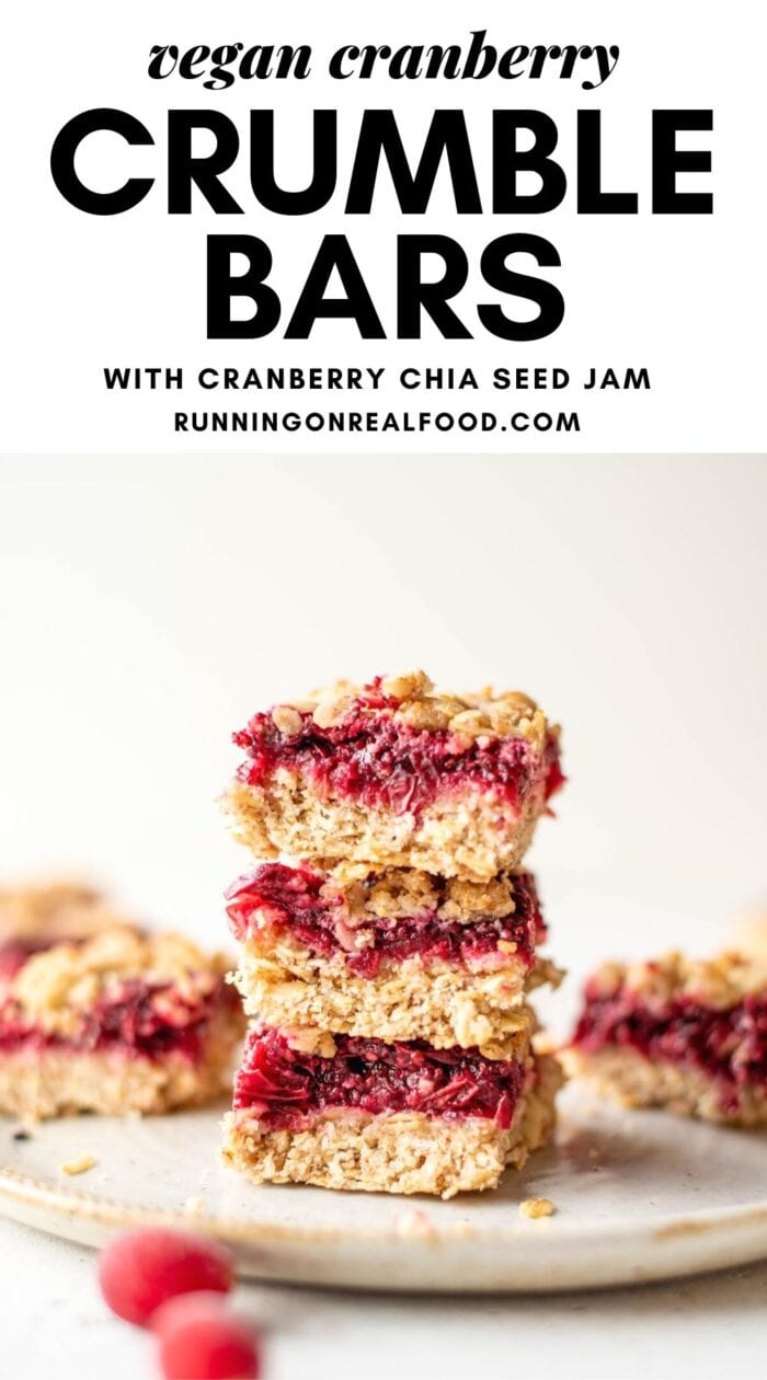 Pinterest graphic with an image and text for vegan cranberry crumble bars.