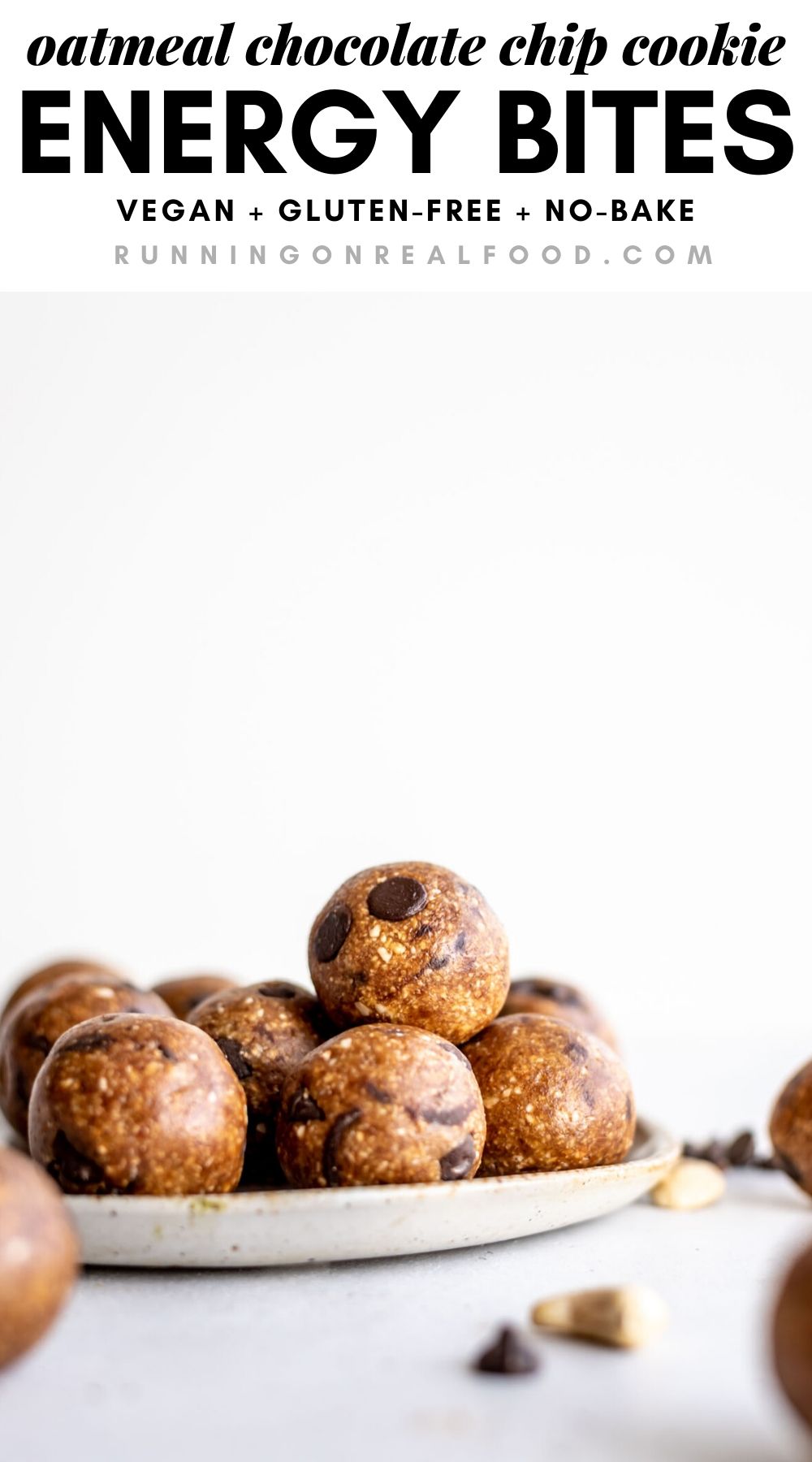 Pinterest graphic with an image and text for no-bake chocolate chip cookie dough balls.