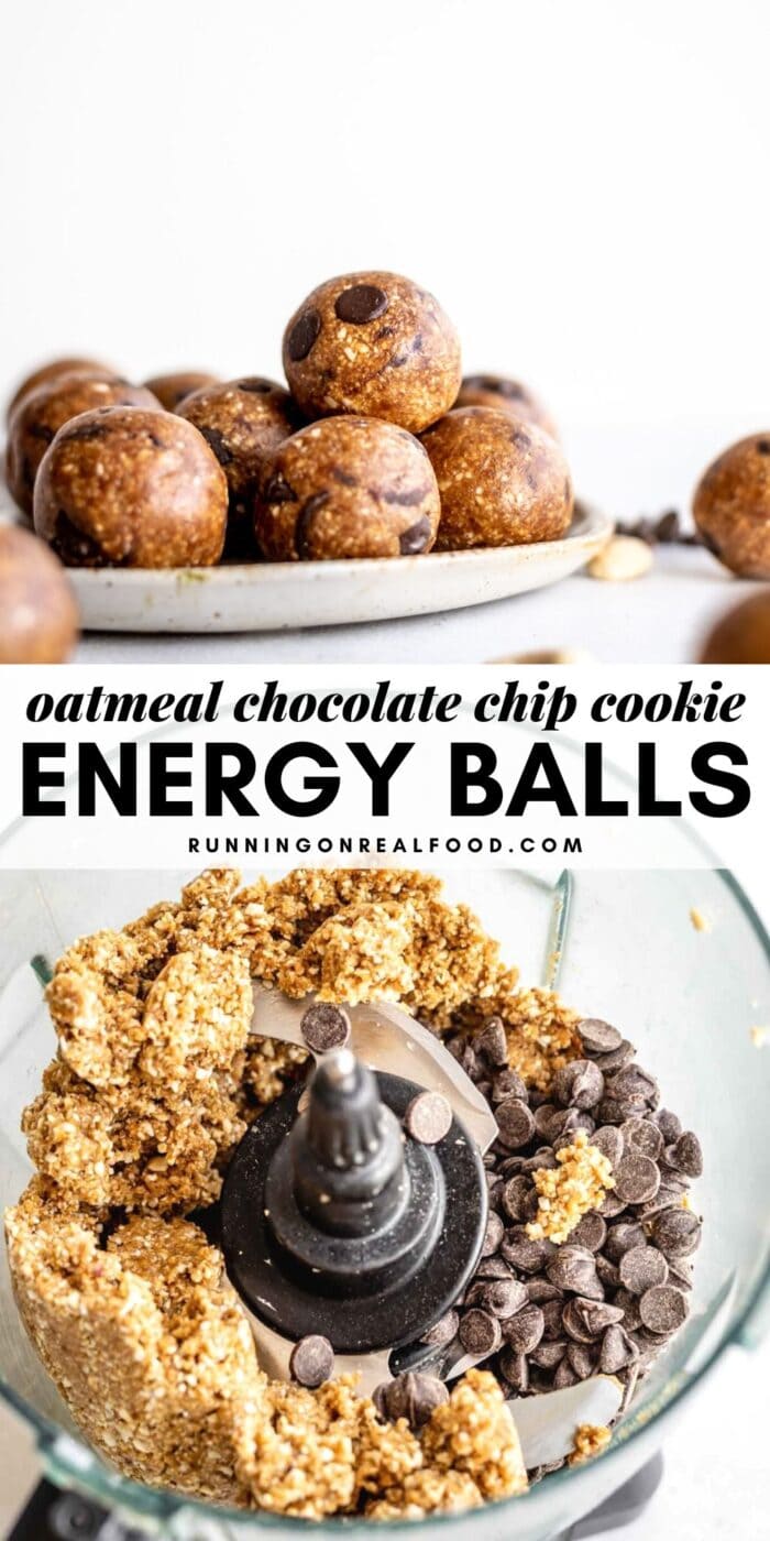 Pinterest graphic with an image and text for no-bake chocolate chip cookie dough balls.