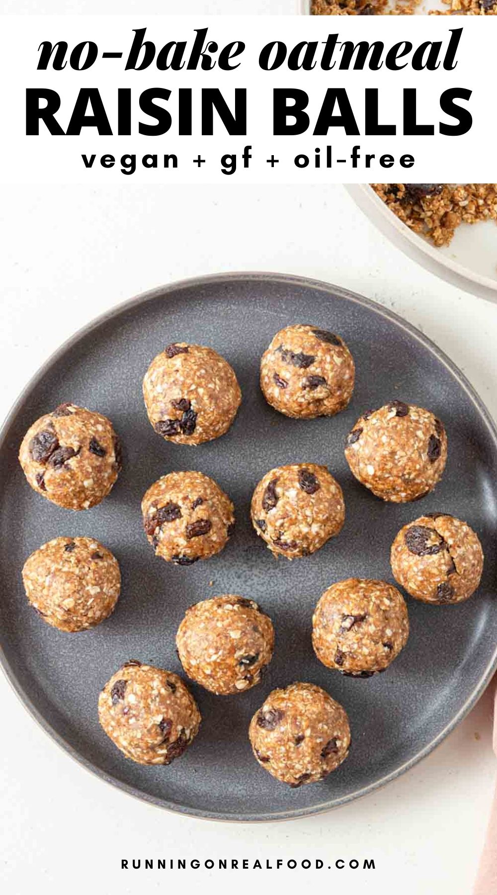 Pinterest graphic with an image and text for no-bake oatmeal raisin bites.