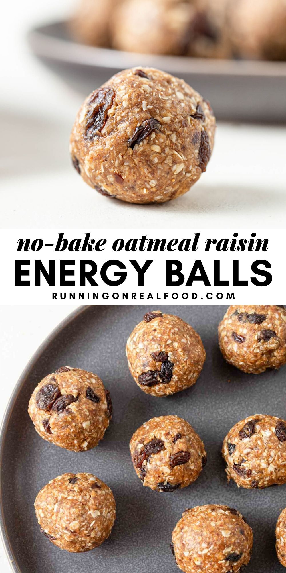 Pinterest graphic with an image and text for no-bake oatmeal raisin bites.