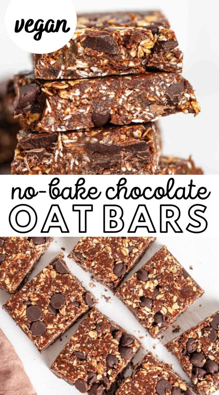 Pinterest graphic with an image and text for chocolate oat bars.